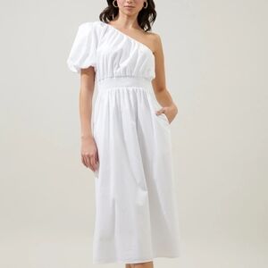 Sugarlips Bridgette One Shoulder Balloon Sleeve Poplin Midi Dress Size Small